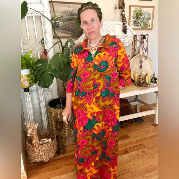 Vintage 1960’s 70’s Psychedelic Pool Deck Gown Zip Ip House Dress - Picture 2 of 9